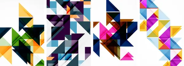 以紫色 洋红色和紫色三角形和正方形为特征 在白色背景上呈对称图案的充满活力的创意艺术展览 — 图库矢量图片