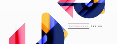 Beyaz arkaplanda elektrik mavisi ve mor renkli üçgenler, daireler ve geometrik şekiller içeren büyüleyici bir sanat olayı. Cesur ve modern bir marka tasarımı