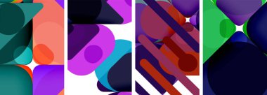 Morun ve morun tonlarında dört renkli desenli canlı bir kolaj beyaz bir arkaplanda sergilenerek dikdörtgenler ve gölgelerin karışımı ile simetrik bir tekstil sanat eseri oluşturur.