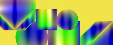 Eflatun gaz, mavi daireler ve karmaşık desenler gibi renkli nesnelerle süslenmiş canlı sarı bir arka plan. Simetri ve grafikler dinamik bir sanat eseri oluşturuyor.