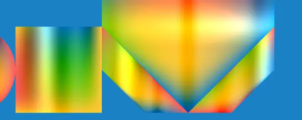 鮮やかな色は 電気ブルーの空の背景に三角形と長方形の対称パターンを作成し 色合いと色合いの虹でアートとグラフィックをブレンドします — ストックベクタ