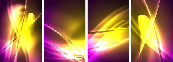 Sada Čtyř Praporců Zářícími Světly Barevném Purpurovém Žlutém Pozadí Nabízí — Stockový vektor