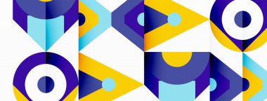 Renkli geometrik desen beyaz tekstil arka planında dikdörtgenler, daireler ve gök mavisi tonlarında oklar içerir. Kalın bir yazı tipiyle modern ve soyut bir tabloya benziyor.