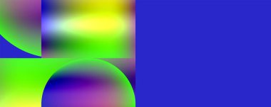 Mavi, yeşil ve sarı daireli mavi arkaplan içeren canlı bir tasarım, mor, mor ve morumsu ipuçları içeren simetrik bir desen oluşturuyor.