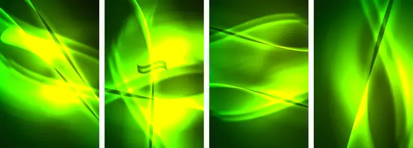 Négy Neon Zöld Bannerek Feltűnő Hullámok Sötét Háttérrel Létrehozott Szimmetrikus — Stock Vector