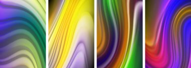 Morun, morun, morun, macentanın ve elektrik mavisinin tonlarında renkli girdap desenleri içeren dört canlı soyut arkaplan. Cam yüzeylerdeki resim boyalarıyla yaratılmış.