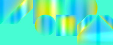 Çemberler ve dikdörtgenlerden oluşan simetrik bir desen içinde elektrik mavisi ve morumsu renkler barındıran canlı, renkli bir tasarım sanatsal ve grafik bir görünüm yaratıyor.