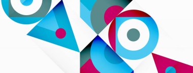 Canlı bir tekstil tasarımı gök mavisi daireler ve üçgenlerin karışımını beyaz bir arkaplanda sergiliyor, modern ve göz alıcı bir sanat deseni yaratıyor.