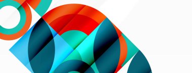 Renkli daireler ve kareler içeren canlı bir geometrik tasarım. Beyaz arka planda simetrik bir desen yaratıyor.