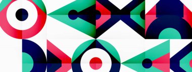 Renkli daireler, üçgenler ve dikdörtgenlerin karışımından oluşan canlı bir sanatsal yaratılış beyaz arka planda simetrik bir desen, yaratıcılığı ve sanatsal yetenekleri gösteriyor.