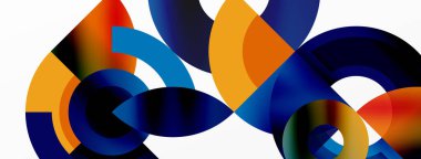 Beyaz zemin üzerinde gök mavisi daireler ve elektrik mavi üçgenleri olan canlı bir sanat eseri, taç yapraklarına benzeyen simetrik bir desen yaratıyor.