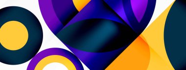 Mor, mor ve eflatun yaprakların karışımından oluşan canlı ve renkli bir çiçek sergisi. Beyaz arka planda elektrik mavisi geometrik desenler var.