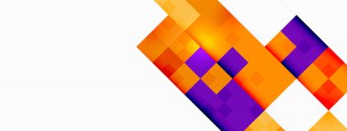 Beyaz arka planda turuncu ve mor dikdörtgenler ve üçgenlerden oluşan simetrik bir desen, elektrik mavisi ve morun tonları ve tonlarıyla. Çemberler geometrik tasarıma karşıtlık ekler