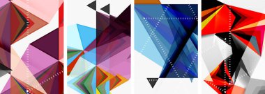 Renkli geometrik şekillerden oluşan canlı bir kolaj dikdörtgen, mor, mor, su, mor tonlarında üçgen, beyaz tekstil arka planında mor. Sanat ve yazı tipi tasarımının birleşimi