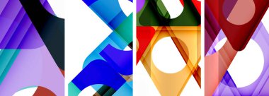 Sanat eserleri, renkli geometrik şekiller içeren, eflatun ve elektrik mavisi olan üçgenler ve dikdörtgenler içeren, çeşitli tonlar ve gölgelerle simetrik desenler oluşturan canlı bir kolaj içerir.