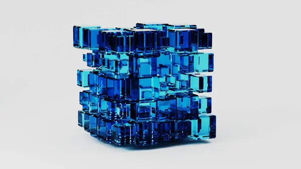 Cam Küplerle Yaratılmış Boyutlu Mavi Küp Teknoloji Fütürist Sembolü — Stok fotoğraf