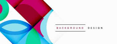 Beyaz kağıt zemin üzerinde üçgenler, dikdörtgenler, daireler ve mor ve elektrik mavisi çizgilerden oluşan canlı bir sanat eseri. Yaprakları andıran renk ve desen patlaması