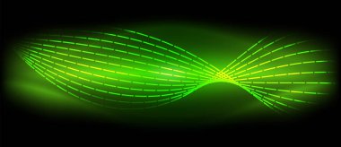 Otomotiv ışıklarını andıran karanlık bir arkaplan üzerine kurulmuş parlak yeşil bir dalga. Bu görsel efekt, neona benzer bir şekilde, bir mercek parlamasına benzer bir elektrik mavisi parıltısı yaratır.