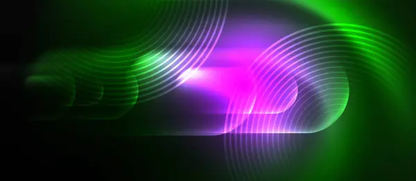 黒い背景に緑色と紫色の光が渦巻くカラフルさは 電気ブルーガスパターンを思い出させる魅惑的な視覚効果を生み出します — ストックベクタ