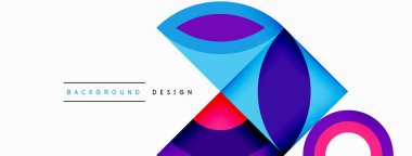 Renkli daireler ve üçgenler içeren sanatsal bir tasarım. Gökmavisi, mor, mor ve elektrik mavisi tonlarında. Desen beyaz arkaplanda ayarlandı