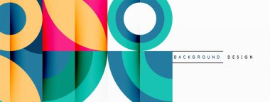 Beyaz arka planda daireleri ve kareleri olan renkli bir geometrik desen. Yüksek kalite