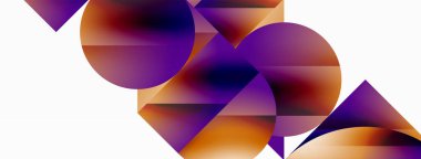 Beyaz arka planda mor, turuncu daireler ve üçgenler içeren canlı bir geometrik desen. Renk ve simetri cesur ve dinamik bir tasarım yaratır.