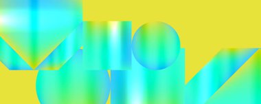 Çağdaş bir sanat bileşiminde daireler ve dikdörtgenler gibi su, ot ve geometrik desenleri andıran sarı bir zemin üzerinde elektrik mavisi ve morumsu renkte şekiller.