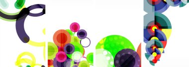 Canlı bir sanat etkinliği beyaz arka planda mor, mor, mor ve taç yapraklı renkli daireler sergiliyor. Tasarım kalın yazı tipiyle boyanmış vitray bir pencere gibidir.