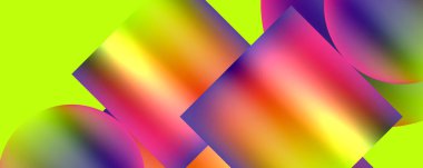 Renkli kareler, daireler ve mor ve elektrik mavisi üçgenlerle dolu canlı soyut bir arkaplan, güneşli sarı bir zemin üzerinde simetri ve makro fotoğrafçılık tarzında desenler sergiliyor.