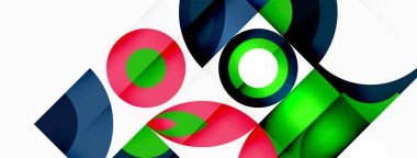 Beyaz bir zemin üzerinde elektrik mavisi tonlarında renkli daireler ve kareler çizerek simetri ile bir model oluşturuyorlar. Resim ve çizim tekniklerini karıştıran modern bir sanat eseri.