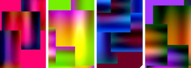 Morun, macentanın ve elektrik mavisinin tonlarını içeren canlı geometrik desenler. Maddi özellikler renkli dikdörtgenlerle simetrik bir sanat görüntüsü oluşturur