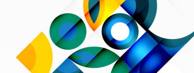 Daireler, üçgenler ve elektrik mavisi tonlardaki desenler dahil olmak üzere canlı geometrik şekillerin soyut bir bileşimi. Bu grafik, simetri ve renk ve gölgeler üzerine bir oyun sergiliyor