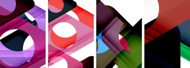 Renkli geometrik şekillerden oluşan renkli bir kolaj içeren canlı bir tekstil sanatı, dikdörtgenler, üçgenler ve mor tonlarda ve beyaz arka planda elektrik mavisi.