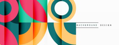 Çemberleri ve kareleri içeren canlı bir geometrik desen, beyaz arkaplanda simetrik ve renkli bir tasarım yaratıyor.