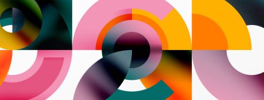 Renkli daireler ve kareler içeren göz alıcı bir geometrik desen eflatun ve diğer renklerin tonlarında, beyaz bir arkaplan üzerine kurulmuş, simetri ve sanatsallık yaratıyor.