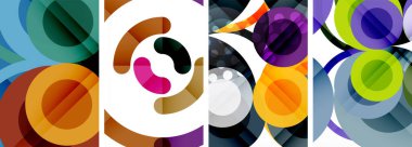 Renkli dairelerin canlı bir görüntüsü morumsu, elektrik mavisi ve çeşitli renkler beyaz bir tuval üzerinde düzenlenerek görsel olarak çekici bir sanat eseri oluşturulur.