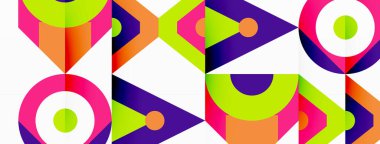 Çemberleri ve üçgenleri mor ve mavi renklerde gösteren canlı bir geometrik desen, beyaz arka planda simetrik bir tasarım yaratıyor.