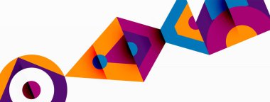 Mor ve mavi üçgenler ve dikdörtgenlerin canlı bir bileşimi, beyaz daire etrafında simetrik bir desen oluşturur, koyu renkli ve tonları olan yaratıcı bir sanat eseri.