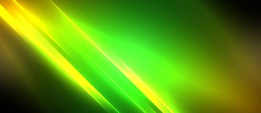 Parlayan mavi köşegen çizgisi olan neon yeşil ve sarı bir arkaplan. Tasarım morumsu aksanlar, karasal bitki desenleri ve grafik sanat unsurlarını içerir.