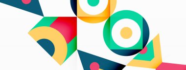 Renkli daireler ve üçgenlerden oluşan canlı bir geometrik desen beyaz bir arkaplanda simetrik olarak sıralanmış, görsel olarak çarpıcı bir sanat eseri yaratıyor.