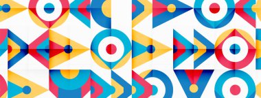 Okları, daireleri, dikdörtgenleri olan renkli bir geometrik desen ve beyaz arka planda simetrik ve yaratıcı bir sanat eseri yaratıyor.