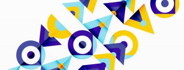 Renkli üçgenler ve elektrik mavisi ve beyaz daireler içeren canlı bir geometrik desen, soyut sanat resimlerini anımsatan simetrik bir tasarım yaratıyor.