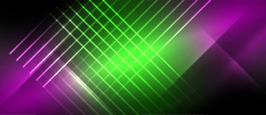 Arkaplanda mor, mor, morumsu ve parlak çizgilerle vurgulanmış elektrik mavisi ile canlı bir renk karışımı. Sanat, teknoloji ve grafiklerin büyüleyici bir şekilde birleşmesi.