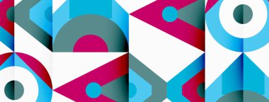 Canlı geometrik desen, beyaz arka planda gök mavisi, su ve kırmızı tonlarda daireler ve üçgenler içerir. Renkli dikdörtgenleri ve kalın çizgileri olan yaratıcı sanat tekstili tasarımı