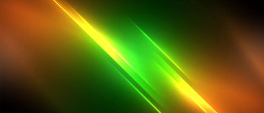 Görsel efekt aydınlatma, siyah zemin üzerinde yeşil, sarı ve turuncu ışık demetlerinin canlı bir görüntüsünü sergiliyor ve bir etkinlikte büyüleyici bir neon sanat kurulumu yaratıyor.