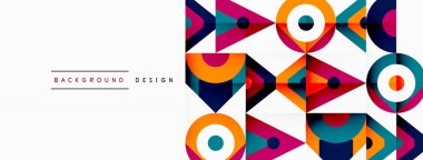 Beyaz arkaplanda simetri ve yaratıcılığı sembolize eden, elektrik mavi aksanlı oklar, daireler, üçgenler ve dikdörtgenlerden oluşan renkli bir sanat kompozisyonu.