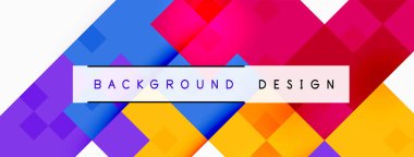 Pürüzsüz yazı tipi ve eğimli, dikdörtgenler ve mavi ve mor üçgenler içeren canlı bir arka plan tasarımı. Maddi özellikler benzersiz bir model yaratır.