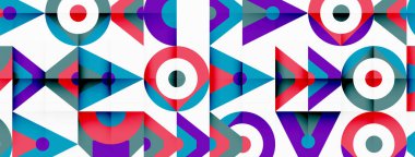 Beyaz zemin üzerinde daireler ve üçgenler ve elektrik mavisi içeren canlı bir geometrik desen, tekstil sanatında simetri ve yaratıcılığı gösteriyor.