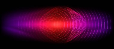 Siyah bir zemin üzerinde bir daire içinde elektrik mavisi ve morumsu bir ses dalgası deseni, koyu renk ve şeftali tonları ile çarpıcı bir karşıtlık yaratır.