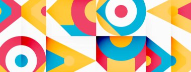 Daireler, oklar ve üçgenler içeren canlı bir geometrik tasarım. Beyaz arka planda çeşitli renkler ve gölgeler. Yaratıcı sanat resimlerini andırıyor.